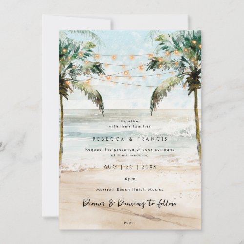 tropical palms beach lights wedding invitation