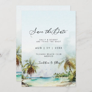 Tropical palms beach scene save the date card