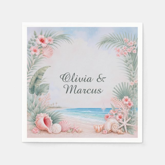 Tropical Palms Beach Seashell Wedding  Napkins (Front)