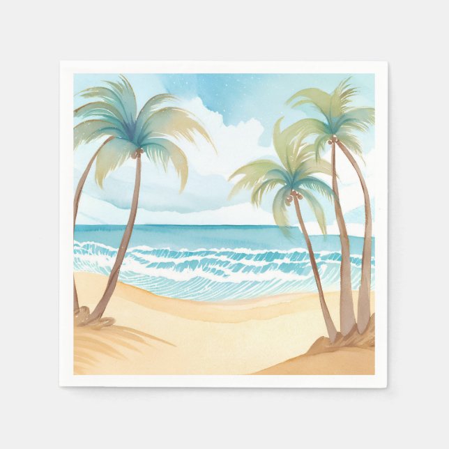 Tropical Palms | Beach Watercolor Wedding Napkins (Front)