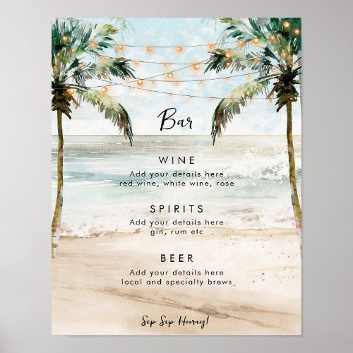 tropical palms beach wedding party bar sign