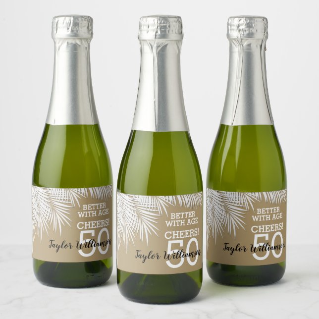 Tropical Palms Birthday Gold Mini Sparkling Wine Label (Bottles)
