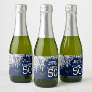 Tropical Palms Birthday Navy Blue Mini Sparkling Wine Label