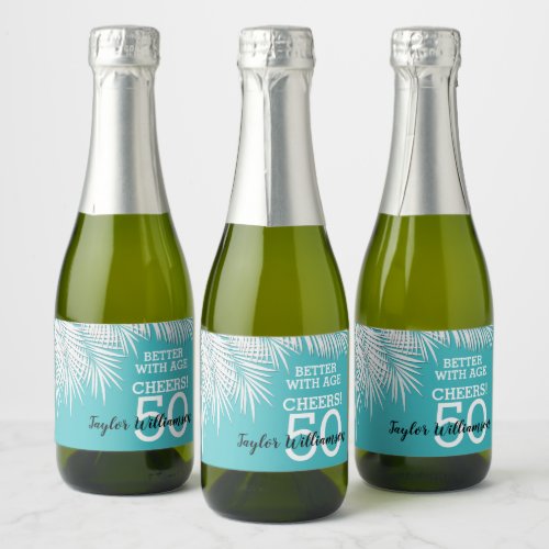 Tropical Palms Birthday Turquoise Mini Sparkling Wine Label