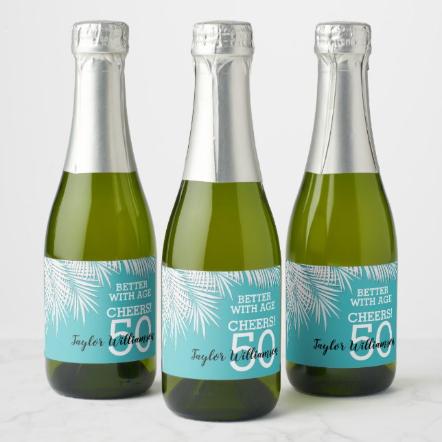Tropical Palms Birthday Turquoise Mini Sparkling Wine Label (Bottles)