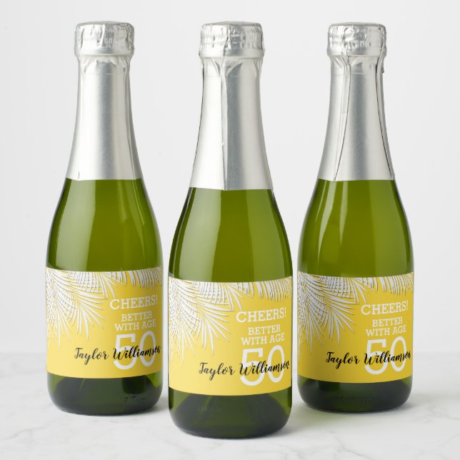 Tropical Palms Birthday Yellow Mini Sparkling Wine Label (Bottles)