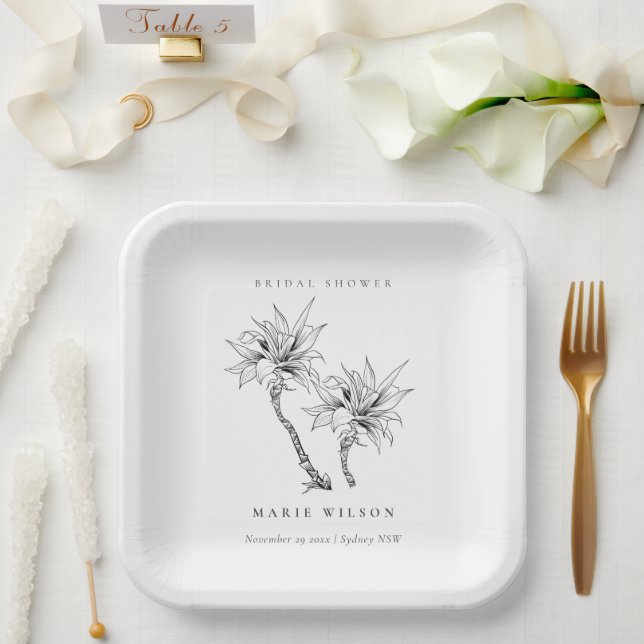 Tropical Palms Black White Sketch Bridal Shower Paper Plates (Wedding)
