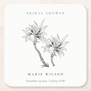 Tropical Palms Black White Sketch Bridal Shower Square Paper Coaster
