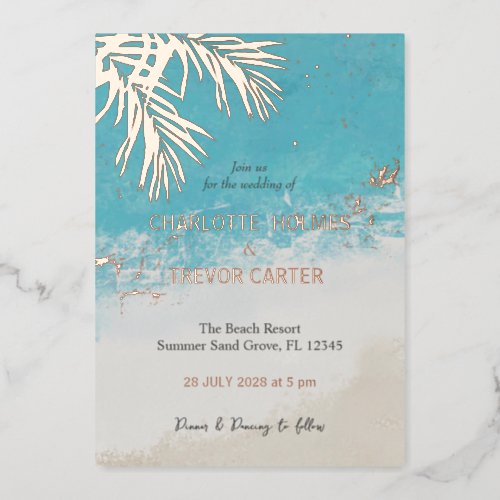  Tropical Palms Blue Ocean Beach Wedding Gold Foil Invitation