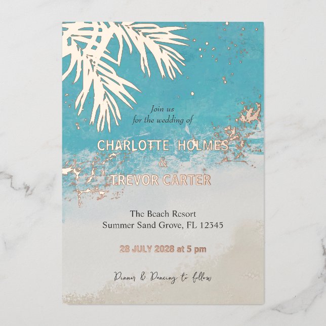  Tropical Palms Blue Ocean Beach Wedding Gold Foil Invitation (Front)