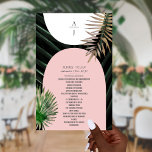 Tropical Palms Blush Pink Arch Monogram Wedding<br><div class="desc">Blush pink and white arches over dark palm leaf background with vertical monogram at top front and watercolor palm leaf illustrations and gray text.  Back features palm leaf art with arches and gray text.</div>