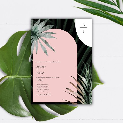 Tropical Palms Blush Pink Arch Monogram Wedding Invitation