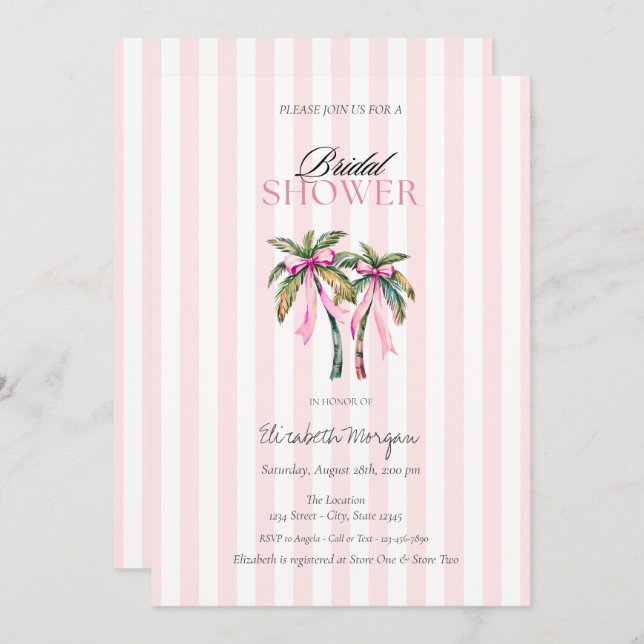 Tropical Palms Bow Pink Stripes Bridal Shower Invitation (Front/Back)