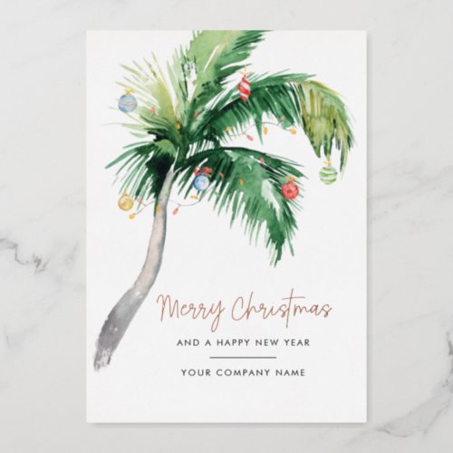 Tropical Palms Business Logo Christmas Rose Gold Foil Holiday Card