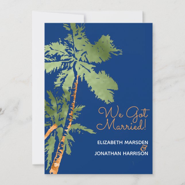 Tropical Palms Dark Blue Just Married Reception Invitation (Front)