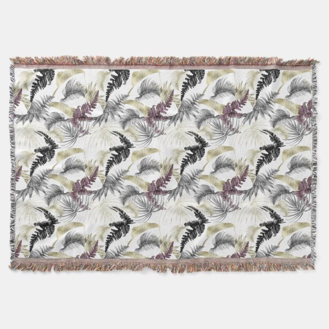 Tropical Palms, Fern in Wine And Black Throw Blanket (Front)