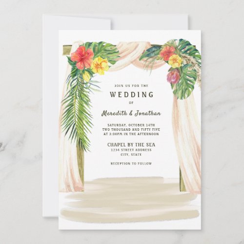 Tropical Palms Floral Arbor Seaside Beach Wedding Invitation