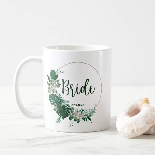 Tropical Palms Gold Circle Personalized Bride Coffee Mug
