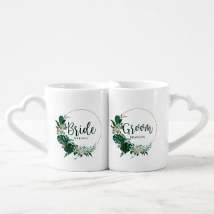 Tropical Palms Gold Circle Wreath Bride and Groom Coffee Mug Set