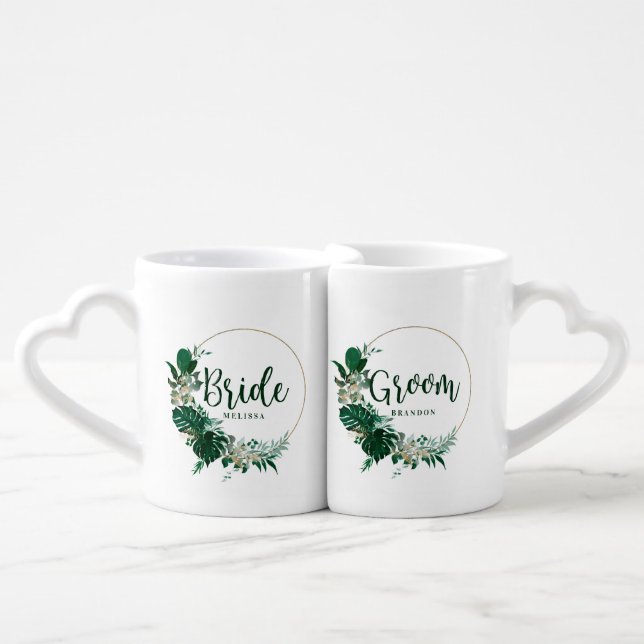 Tropical Palms Gold Circle Wreath Bride and Groom Coffee Mug Set (Front Nesting)