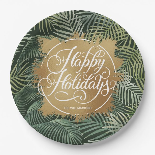 Tropical Palms Gold Faux Foil Holidays Paper Plates (Front)