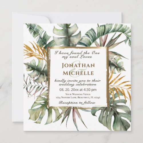 Tropical Palms Gold Frame Christian Wedding Invitation
