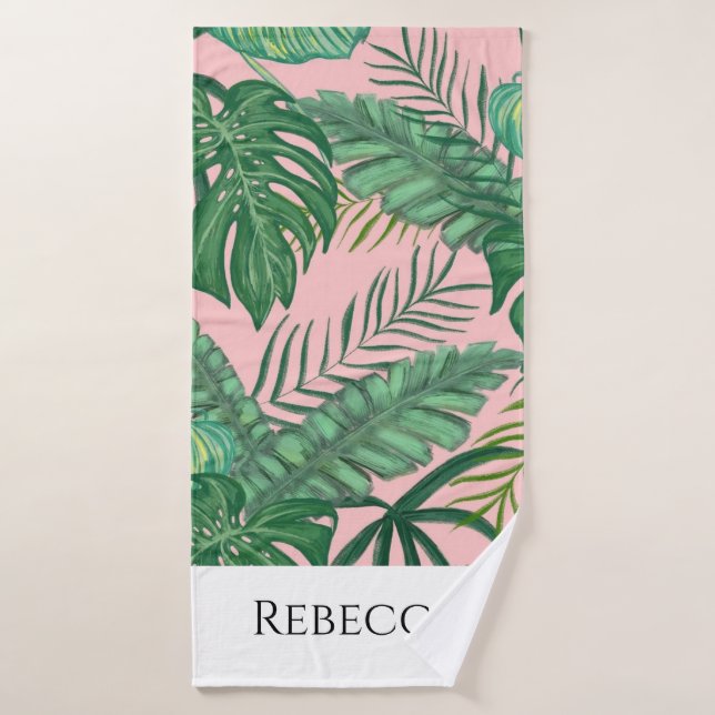 Tropical Palms Leaves Stripe Name Pink Beach Towel (Bath Towel)