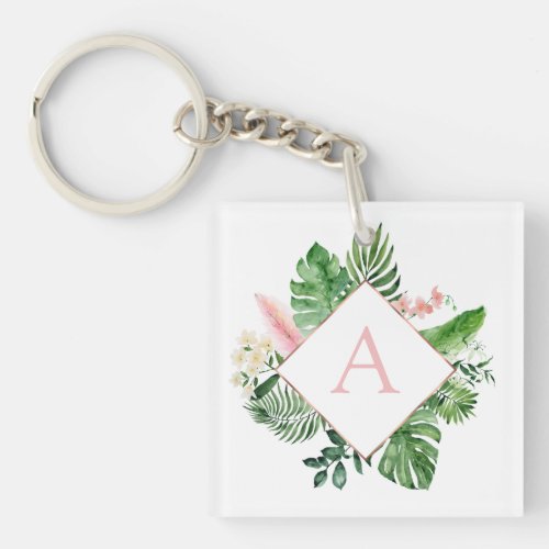Tropical Palms Monogram Blush Pink Wedding Keychain