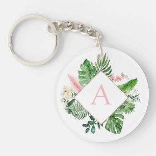 Tropical Palms Monogram Blush Pink Wedding Keychain