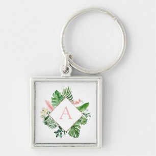 Tropical Palms Monogram Blush Pink Wedding Keychain