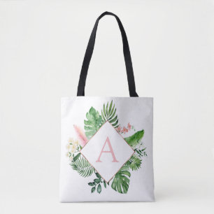 Tropical Palms Monogram Blush Pink Wedding Tote Bag