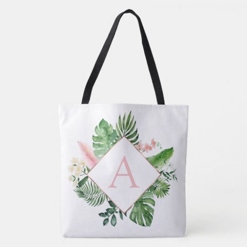 Tropical Palms Monogram Blush Pink Wedding Tote Bag