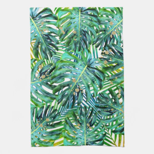 Tropical Palms Monstera Leaves Gold Glitter Kitchen Towel