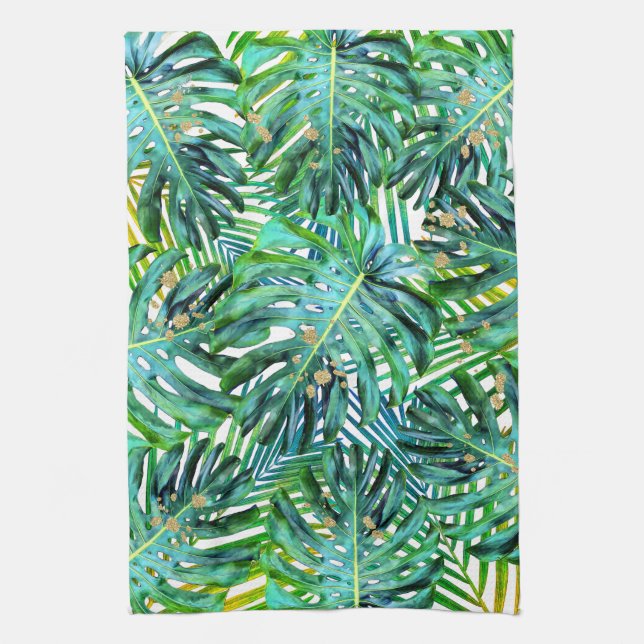 Tropical Palms Monstera Leaves Gold Glitter Kitchen Towel (Vertical)