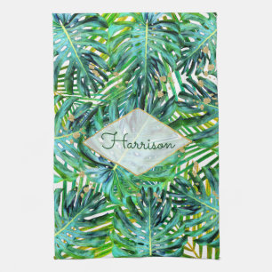 Tropical Palms Monstera Leaves Gold Glitter Kitchen Towel