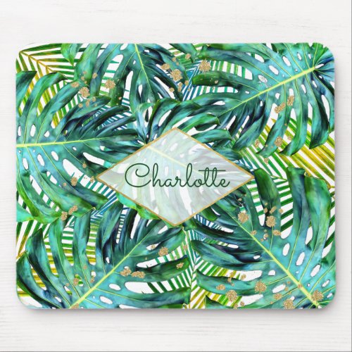 Tropical Palms Monstera Leaves Gold Glitter Mouse Pad