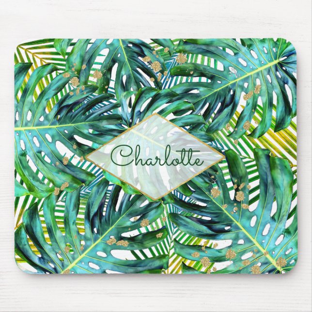 Tropical Palms Monstera Leaves Gold Glitter Mouse Pad (Front)