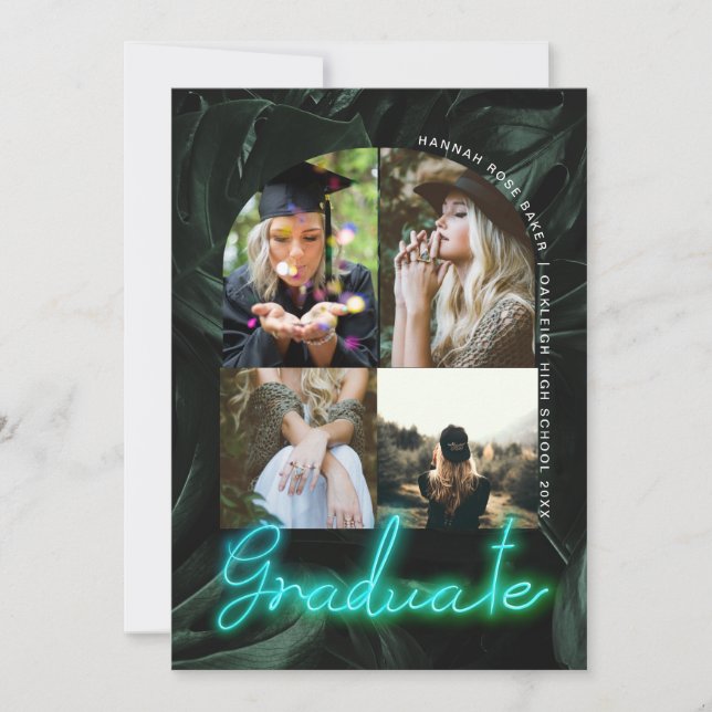 Tropical Palms Neon | Arched Graduation 4 Photo  Announcement (Front)