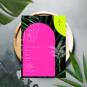 Tropical Palms Neon Arches Monogram Wedding Invitation