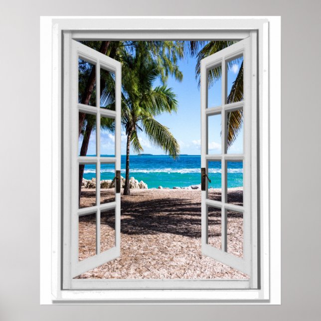 Tropical Palms on Beach Ocean View Faux Window Poster (Front)