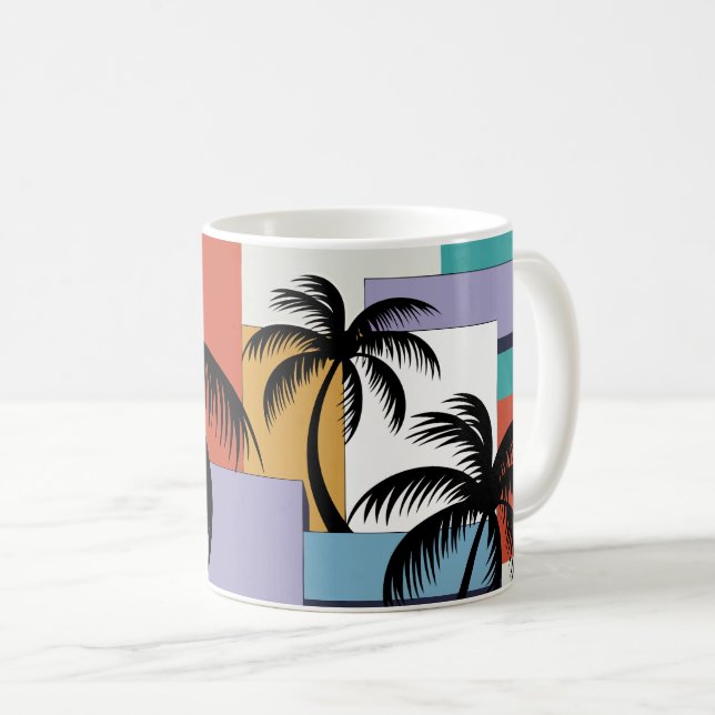 Tropical Palms on Geometric Sunset Background Coffee Mug (Front Right)