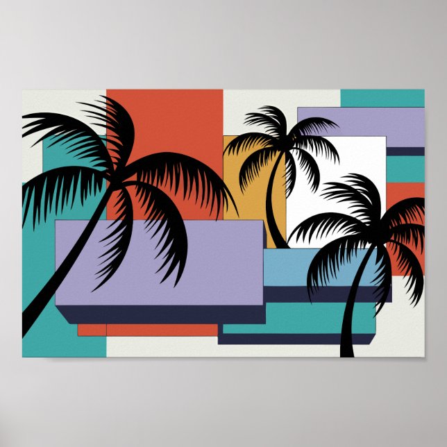 Tropical Palms on Geometric Sunset Background Poster (Front)