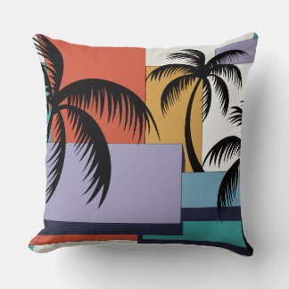 Tropical Palms on Geometric Sunset Background Throw Pillow