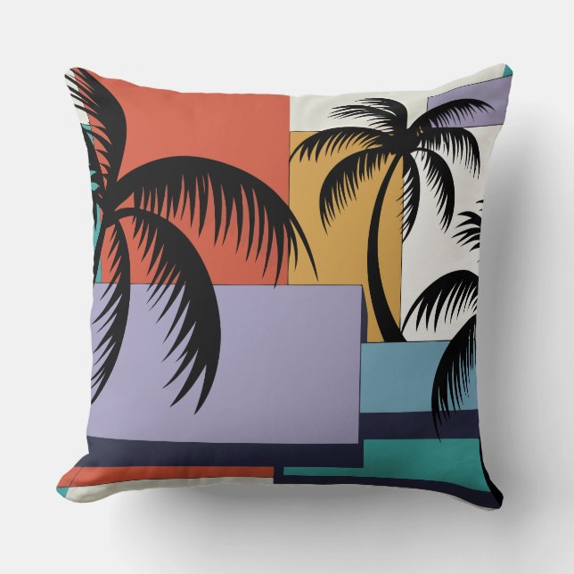 Tropical Palms on Geometric Sunset Background Throw Pillow (Front)