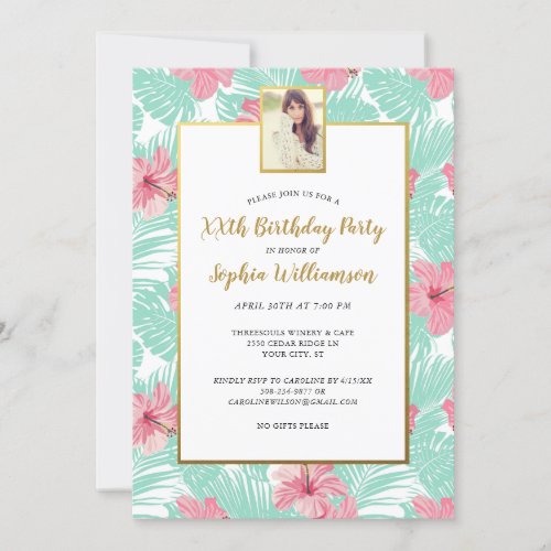 Tropical Palms Pink Floral Birthday Party Photo Invitation