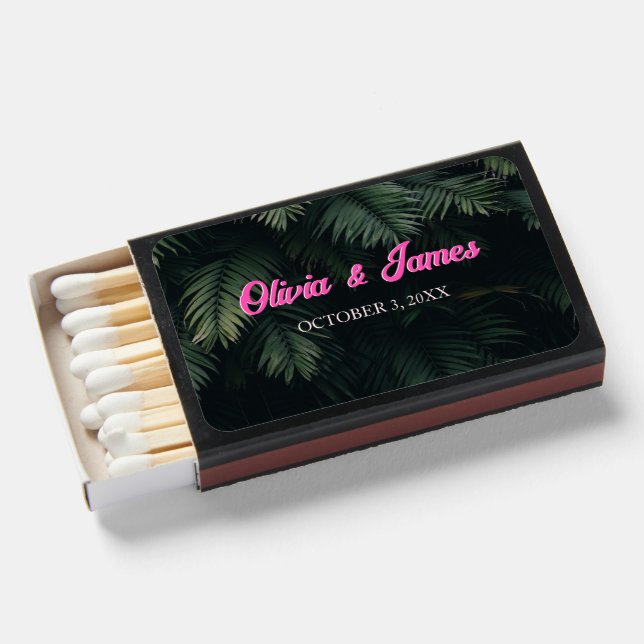 Tropical Palms Pink Name Wedding Favor Matches (Front Open)