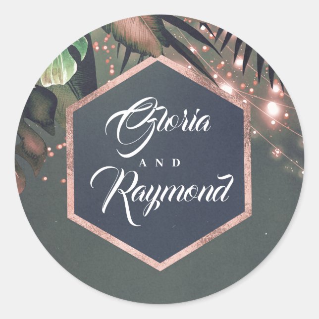 Tropical Palms Rose Gold Beach Wedding Classic Round Sticker (Front)