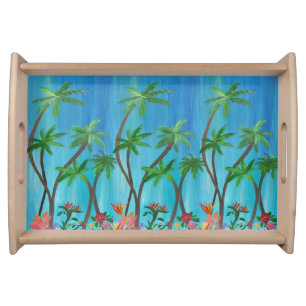 Tropical palms scene beach coastal wood serving tray