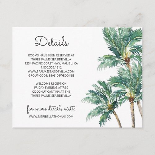 Tropical Palms  Watercolor Beach Wedding Details Enclosure Card