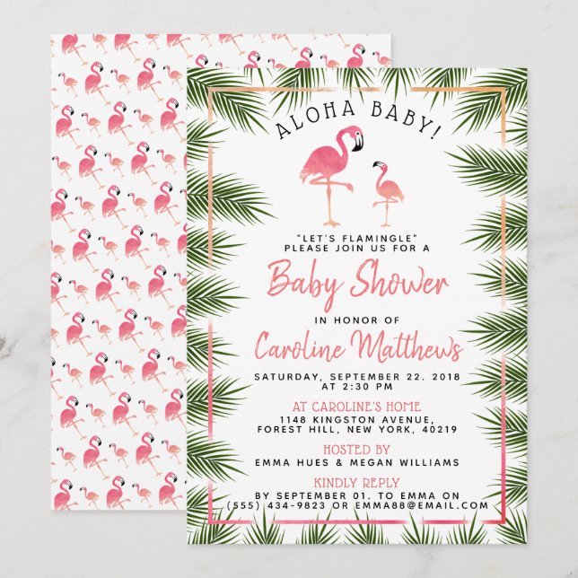 Tropical Palms Watercolor Flamingo Baby Shower Invitation (Front/Back)
